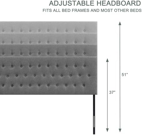 Tufted Upholstered Headboard Queen Size, Solid Wood Head Board with Durable Metal Legs, Adjustable Height Bed headboard from 37” to 51” Fabric Headboard in Modern Button Design, Grey
