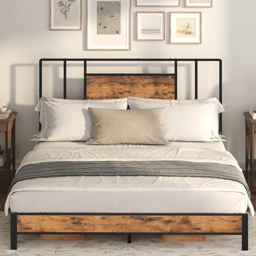 Queen Size Headboard Only, Industrial Farmhouse Metal Bed Headboard with Wooden Board and Bed Frame Adjustable Adapters for Bedroom, Black and Rustic Brown