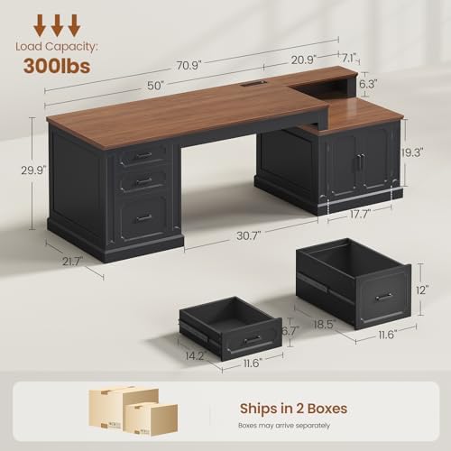 SEDETA Farmhouse 70.9" Executive Desk, Home Office Desk with File Drawers and Storage Cabinet, Computer Desk with Power Outlet for Home Office, Work Study Writing, Black