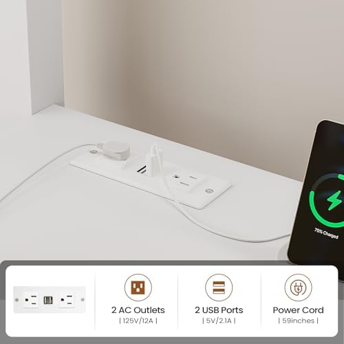 Itaar Full Size Loft Bed with Desk and Storage Stairs, Metal Loft Bed with 6 Storage Drawers, Hall Tree, LED Lights and Power Outlet, for Kids, Teens, Adults, White