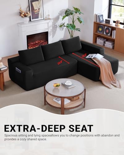 96 Inch Cloud Sectional Couch,Modern Modular Sectional Sofa with Deep Seat,Corduroy Boneless Couches with L-Shape Chaise for Living Room Bedroom,No Assembly Required (Black, Right Facing Chaise)