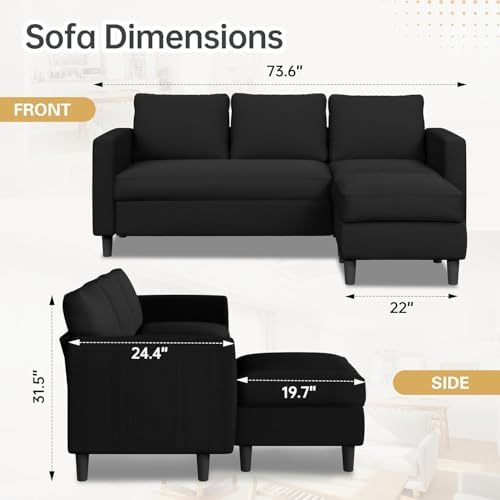 JAMFLY 3-Seat Convertible L-Shaped Sectional Sofa with Reversible Ottoman, Upholstered Fabric Couch for Small Living Rooms, Modern Modular Couch for Apartment, Studio & Loft, Black