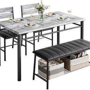 IRONCK Dining Table Set for 4, Kitchen Table with Upholstered Bench and 2 Chairs, Kitchen Table and Chairs Set for Small Space, Apartment, Gray