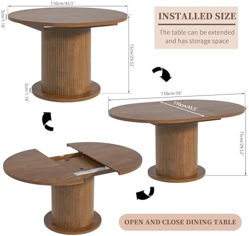 43.3 inch 59 inch Adjustable Size Round Dining Table for 4 6, Unique Design Modern Farmhouse Kitchen Table, Circle Dining Tables with Wood Strip Base for Kitchen Living Room (Walnut)