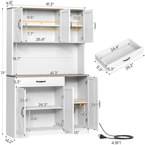 71" Pantry Cabinet with Charging Station, Large Capacity Kitchen Hutch Storage Cabinet, Kitchen Cabinet with Microwave Stand, Storage Drawers & Adjustable Shelves for Dining Room, White