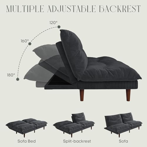Futon Sofa Bed, 69 inch Futon Couch with Adjustable Backrest, Corduroy Convertible Sleeper Sofa Bed, Folding Sleeper Recliner for Apartment, Living Room, Office, Grey