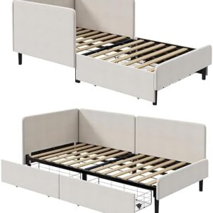 LIKIMIO Twin Daybed with Storage Drawers & Safety Rails, Corner Bed Frame with Headboard for Small Space, Guest Room & Family Room, Convertible Sofa Bed, Beige Fabric