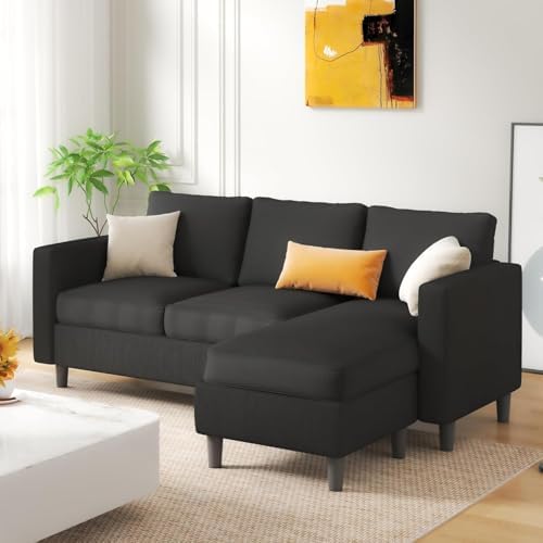 JAMFLY 3-Seat Convertible L-Shaped Sectional Sofa with Reversible Ottoman, Upholstered Fabric Couch for Small Living Rooms, Modern Modular Couch for Apartment, Studio & Loft, Black