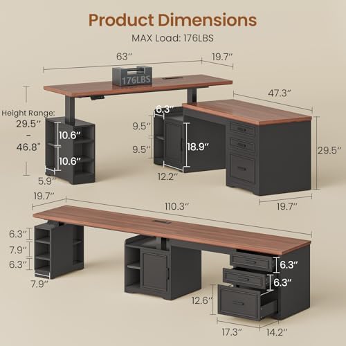 SEDETA Farmhouse L Shaped Electric Standing Desk, 63" x 67" Height Adjustable Home Office Executive Desk with Drawers and Shelves, Standing Computer Desks with Power Outlet for Home Office, Black
