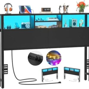 Aheaplus Headboard for Queen Size Bed with Storage, Headboards with Outlets, USB Ports and LED Light, Queen Size Head Board Only, Height Adjustable, Reversible, Sturdy and Stable Headboard, Black