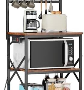 Furologee Kitchen Bakers Rack with Power Outlet, Microwave Oven Stand with Storage 4 Tiers, Coffee Bar Table with 6 S Hooks, Kitchen Storage Shelf Rack for Spices, Pots, Rustic Brown