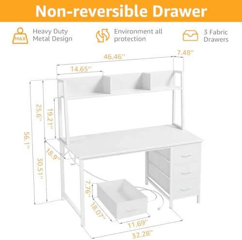 DLisiting White Computer Desk with Hutch & Drawers - Office Desk with 3 Storage Drawers and Power Outlets, 47 Inch Modern Study Writing Desk for Bedroom Home Office