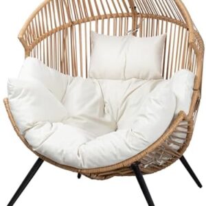 JAMFLY Egg Chair Wicker Outdoor Chairs, Oversized Patio Chair Oversized Lounger Chair with Cushion for Indoor Living Room, Bedroom, Outside Patio Backyard Balcony, Beige
