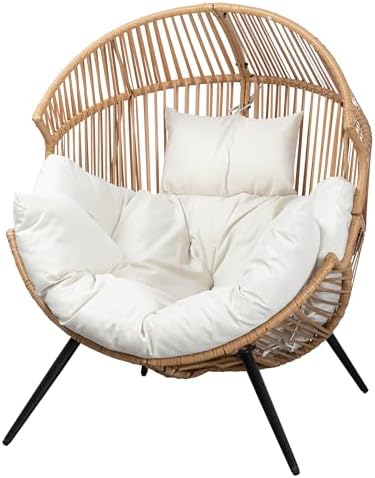 JAMFLY Egg Chair Wicker Outdoor Chairs, Oversized Patio Chair Oversized Lounger Chair with Cushion for Indoor Living Room, Bedroom, Outside Patio Backyard Balcony, Beige