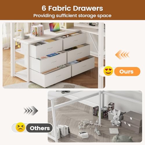 Itaar Full Size Loft Bed with Desk and Storage Stairs, Metal Loft Bed with 6 Storage Drawers, Hall Tree, LED Lights and Power Outlet, for Kids, Teens, Adults, White