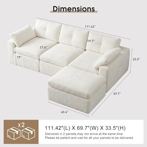 111.4" Cloud Sectional Couches for Living Room, Boneless L Shaped Couch with Ottoman, 3 Seater Modular Sectional Sofa, White