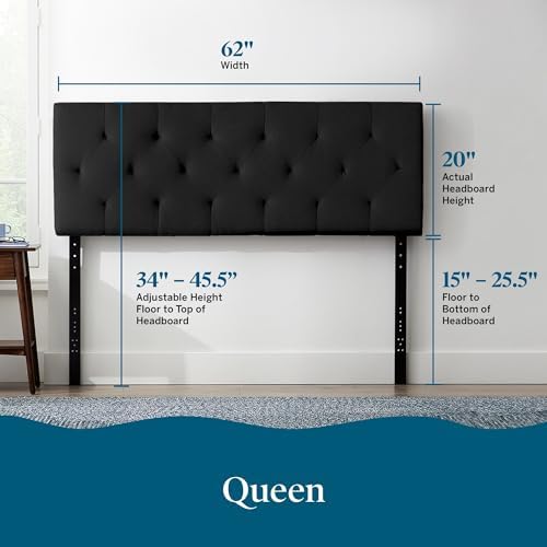 Lucid Mid-Rise Upholstered Headboard - Diamond Tufted - Padded Polyester - Adjustable Height from 34” to 46” - Easy Assembly - Bed Frame or Wall Mount - Sturdy - Black - Queen Size