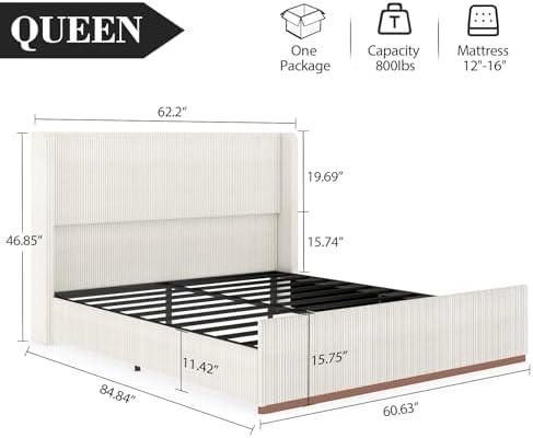Queen Size Upholstered Bed Frame, Soft Corduroy Platform Bed with 47" Luxury Wingback Headboard, Solid Steel Slats Support, No Box Spring Needed, Noise Free, Easy Assembly, Cream