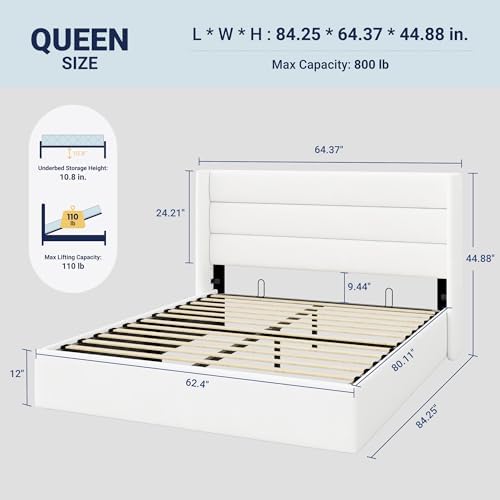 Allewie Queen Size Velvet Lift Up Storage Bed, Modern Wingback Headboard, Hydraulic Support, No Box Spring Needed, White