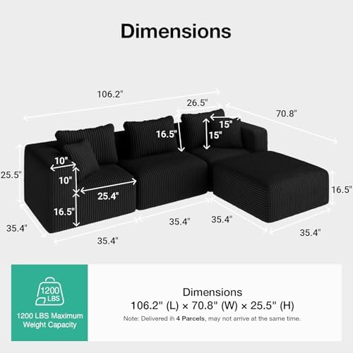 Novilla 106" Modular Sectional Sofa, Modern Cloud Sectional Couch with Smarts Coil® Support, L-Shape Boneless Couch for Living Room Apartments Bedroom, No Assembly Required (3 Seater + 1 Ottoman)