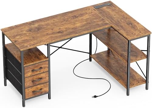 Huuger L Shaped Office Desk with Power Outlets, 47 Inch Computer Desk with 3 Drawers, Shelves, for Gaming, Corner Work, Home Office, Study, Rustic Brown