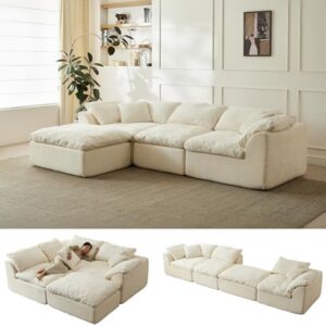 109" Modern Cloud Couches for Living Room, Deep Seat Convertible L-Shape Boneless Couch with Ottoman, Oversized Comfy 3-Seater Couch Chenille Fabric Compressed Sofa Modular Sectional Sofa,Creamy White