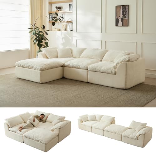 109" Modern Cloud Couches for Living Room, Deep Seat Convertible L-Shape Boneless Couch with Ottoman, Oversized Comfy 3-Seater Couch Chenille Fabric Compressed Sofa Modular Sectional Sofa,Creamy White