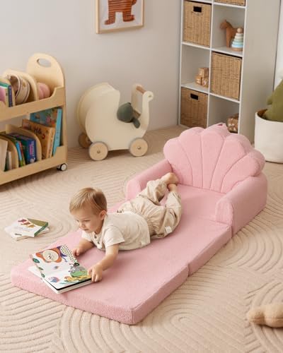 Blissful Diary Kids Couch, 2-in-1 Soft Toddler Couch Fold Out, Toddler Chair Comfy, Convertible Sofa to Lounger, Kids Furniture for Playroom, Gift for Birthday, Children's Day, Pink Shell