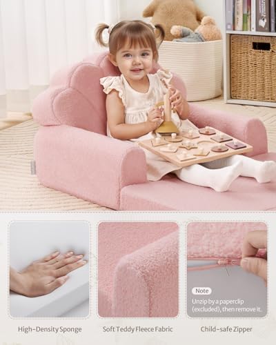 Blissful Diary Kids Couch, 2-in-1 Soft Toddler Couch Fold Out, Toddler Chair Comfy, Convertible Sofa to Lounger, Kids Furniture for Playroom, Gift for Birthday, Children's Day, Pink Shell