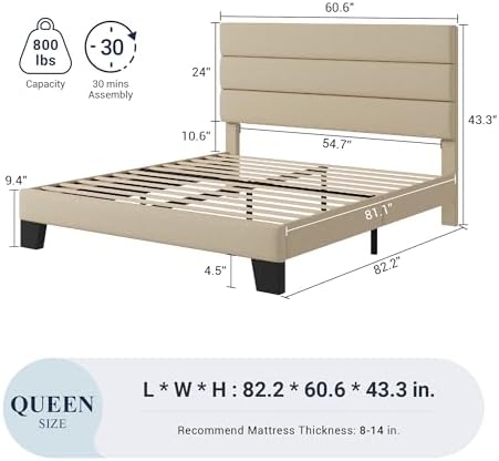Allewie Queen Size Platform Bed Frame with Fabric Upholstered Headboard and Wooden Slats Support, Fully Upholstered Mattress Foundation/No Box Spring Needed/Easy Assembly, Beige