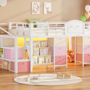 VIAGDO Low Loft Bed Twin Size with 9 Storage Drawers, Bookcase and LED Lights, Metal Kids Loft Bed with Wide Staircase, Open Shelves and Safety Guardrail, Twin Loft Bed with Under-Bed Playhouse, White
