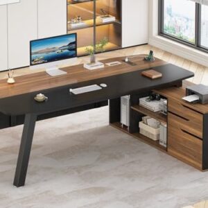 SEDETA 71" Executive Desk with File Cabinet, Large Office Desk with Drawers and Shelves, L Shaped Computer Desk with Power Outlets, Business Furniture Desk Workstation for Home Office, Walnut