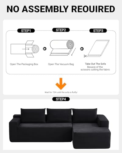 96 Inch Cloud Sectional Couch,Modern Modular Sectional Sofa with Deep Seat,Corduroy Boneless Couches with L-Shape Chaise for Living Room Bedroom,No Assembly Required (Black, Right Facing Chaise)