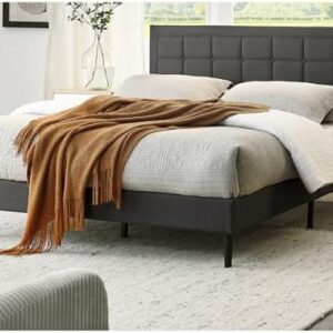 Decoro Mornington Upholstered 2.0 Platform Bed, Button-Tufted Fabric Headboard and Metal Frame with Wood Slat Support, Dark Grey, Queen