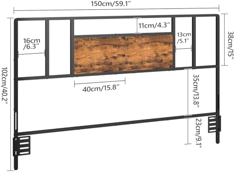 Queen Size Headboard Only, Industrial Farmhouse Metal Bed Headboard with Wooden Board and Bed Frame Adjustable Adapters for Bedroom, Black and Rustic Brown
