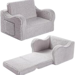 Kids Sofa, 2-in-1 Flip-Out Foam Couch with Soft Sherpa Cover, Cozy Play Lounge Chair, Grey