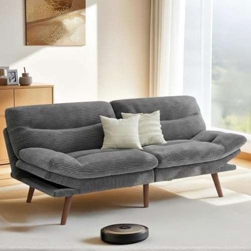 Pipishell Futon Sofa Bed, 66 Inch Corduroy Futon Couch Convertible with Adjustable Backrest and Armrests, Recliner Sleeper Sofa for Small Spaces, Living Room, Office, Guest Room (Grey, 66 Inch)