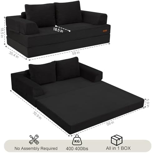 COMAX Futon Sofa Bed, Convertible Folding Sofa Bed, Boneless Couch Loveseat Corduroy with Pillows, Small Foldable Floor Couch Comfy Lounge Sleeper for Living Room Bedroom, Black