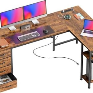 Huuger 63 Inch L Shaped Desk with Fabric Drawers, Computer Office Desk with Power Outlets and USB-C Port, Corner Desk with Storage Shelves, for Gaming Work Study Home Office, Reversible, Rustic Brown