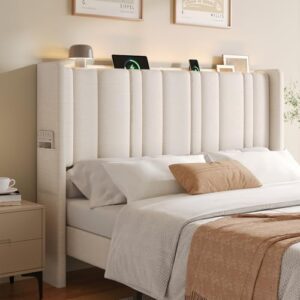 ONBRILL Queen Size Headboard with Storage, LED Light, Linen Vertical Wingback Headboard with Charging Station, Upholstered Head Board Queen w/High-Density Sponge Padding, 2 Storage Pockets, Off White