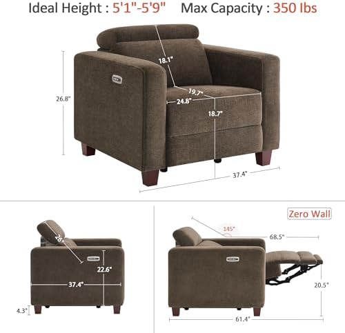 MCombo Zero Wall Recliner Chair, Wall Hugger Power Recliner Chair with Adjustable Headrest, High Wood Leg, USB & Type C Dual Charge Ports, for Living Room, Small Spaces, HL128 (Textile, Coffee)