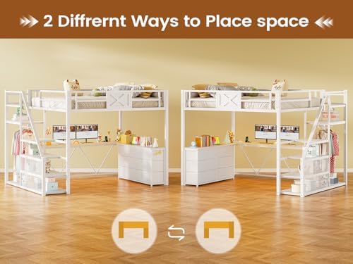 Itaar Full Size Loft Bed with Desk and Storage Stairs, Metal Loft Bed with 6 Storage Drawers, Hall Tree, LED Lights and Power Outlet, for Kids, Teens, Adults, White