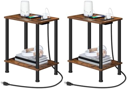 HOOBRO Side Table with Charging Station, Set of 2 End Tables with USB Port and Outlets, Nightstand with 2-Layer Storage Shelves for Small Spaces, Living Room, Bedroom, Rustic Brown BF09UBZP201