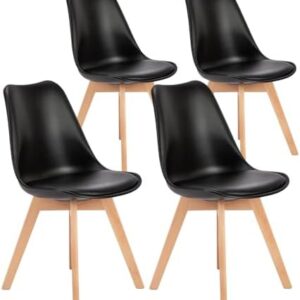 OLIXIS Set of 4 Dining Kitchen Mid-Century Modern Chairs with Wood Legs and PU Leather Cushion for Living Room Bedroom Outdoor Lounge, Black
