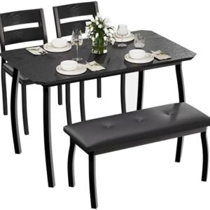 IDEALHOUSE 43'' Dining Table Set for 4, Wooden Kitchen Table with Upholstered Bench & 2 Cushion Chairs, Industrial Dinette Set for Studio, Kitchen, Dining Room, Apartment, Black