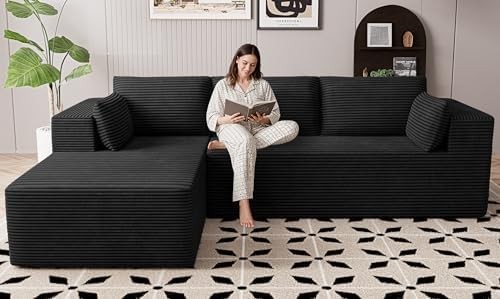 106" Cloud Sectional Boneless Couches for Living Room, Modular L Shaped Couch with Deep Seat Oversized Left Facing Chaise, Memory Foam Compressed Spineless 3 Seater Sofa for Bedroom Apartment, Black