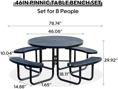 8-Person Picnic Tables for Outdoors, Industrial 46" Expanded Metal Round Picnic Table with 4 Benches & Umbrella Hole, Outside Table and Bench Set for Park, Garden, Backyard, Patio, Black