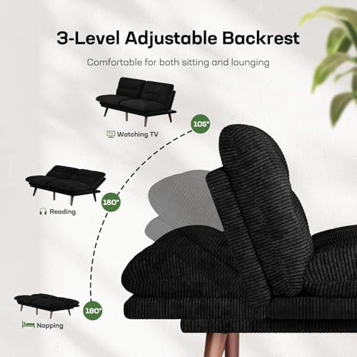 Marsail Futon Sofa Bed, 66” Futon Couch with Adjustable Backrest & Armrests, Convertible Small Sleeper Sofa Bed for Small Apartments, Study Room, Office, Corduroy Loveseat, Black