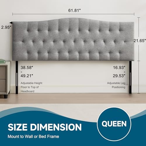Tufted Upholstered Linen Fabric Queen Headboard Only, Headboard Queen Size with Adjustable Height from 38"–50",Durable Modern Diamond Design Wood Headboads, Light Gray