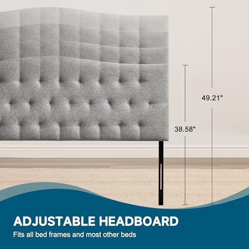 Tufted Upholstered Linen Fabric Queen Headboard Only, Headboard Queen Size with Adjustable Height from 38"–50",Durable Modern Diamond Design Wood Headboads, Light Gray